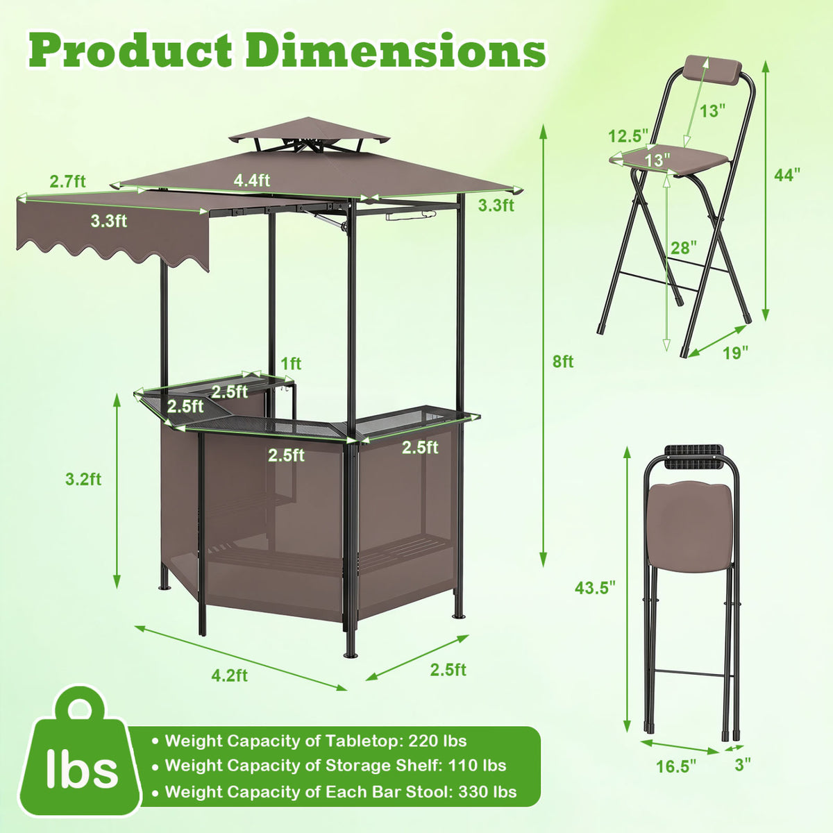 3-Piece Patio Bar Set Outdoor Grill Gazebo and 2 Folding Bar Stools