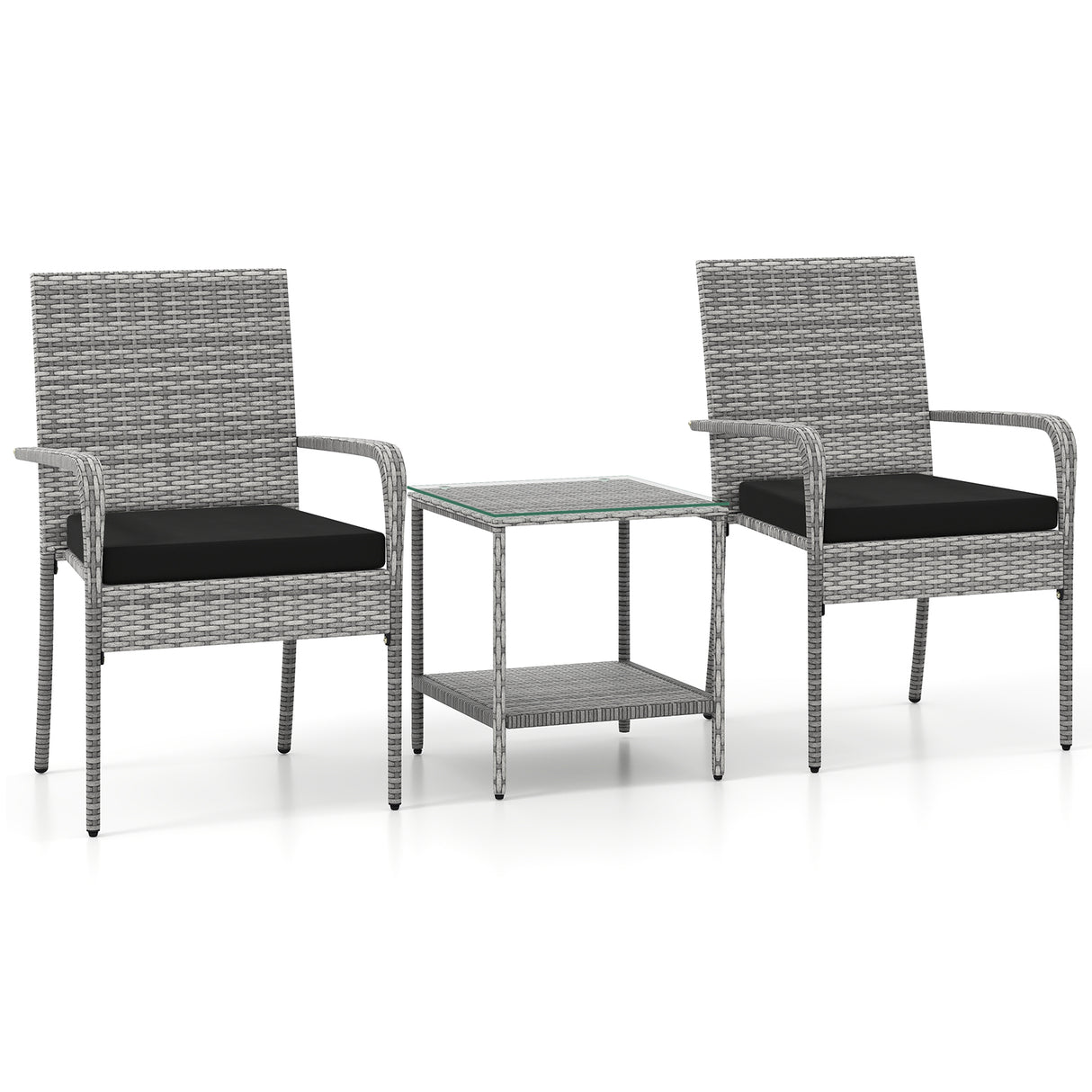 3 Piece Patio Furniture Set with Seat Cushions and Tempered Glass Tabletop for Balcony