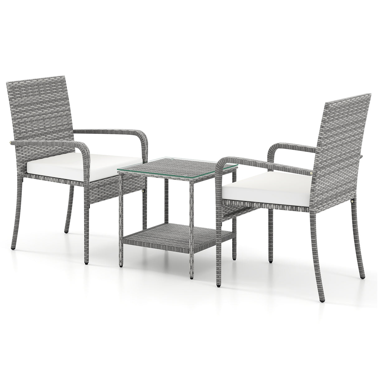3 Piece Patio Furniture Set with Seat Cushions and Tempered Glass Tabletop for Balcony