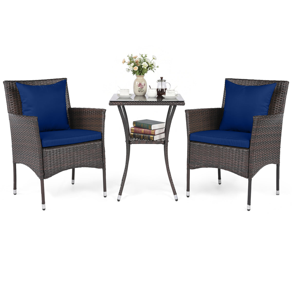 3 Pieces Patio Furniture Set with Cushioned Patio Chairs and Tempered Glass Coffee Table
