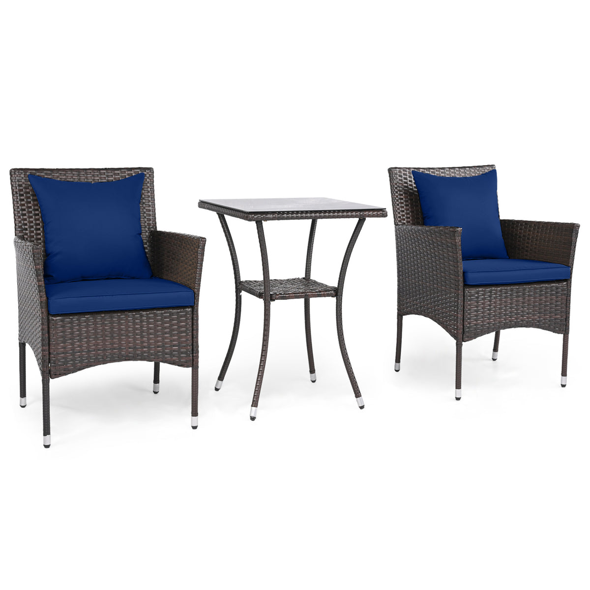 3 Pieces Patio Furniture Set with Cushioned Patio Chairs and Tempered Glass Coffee Table