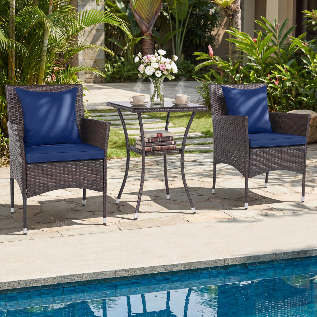 3 Pieces Patio Furniture Set with Cushioned Patio Chairs and Tempered Glass Coffee Table