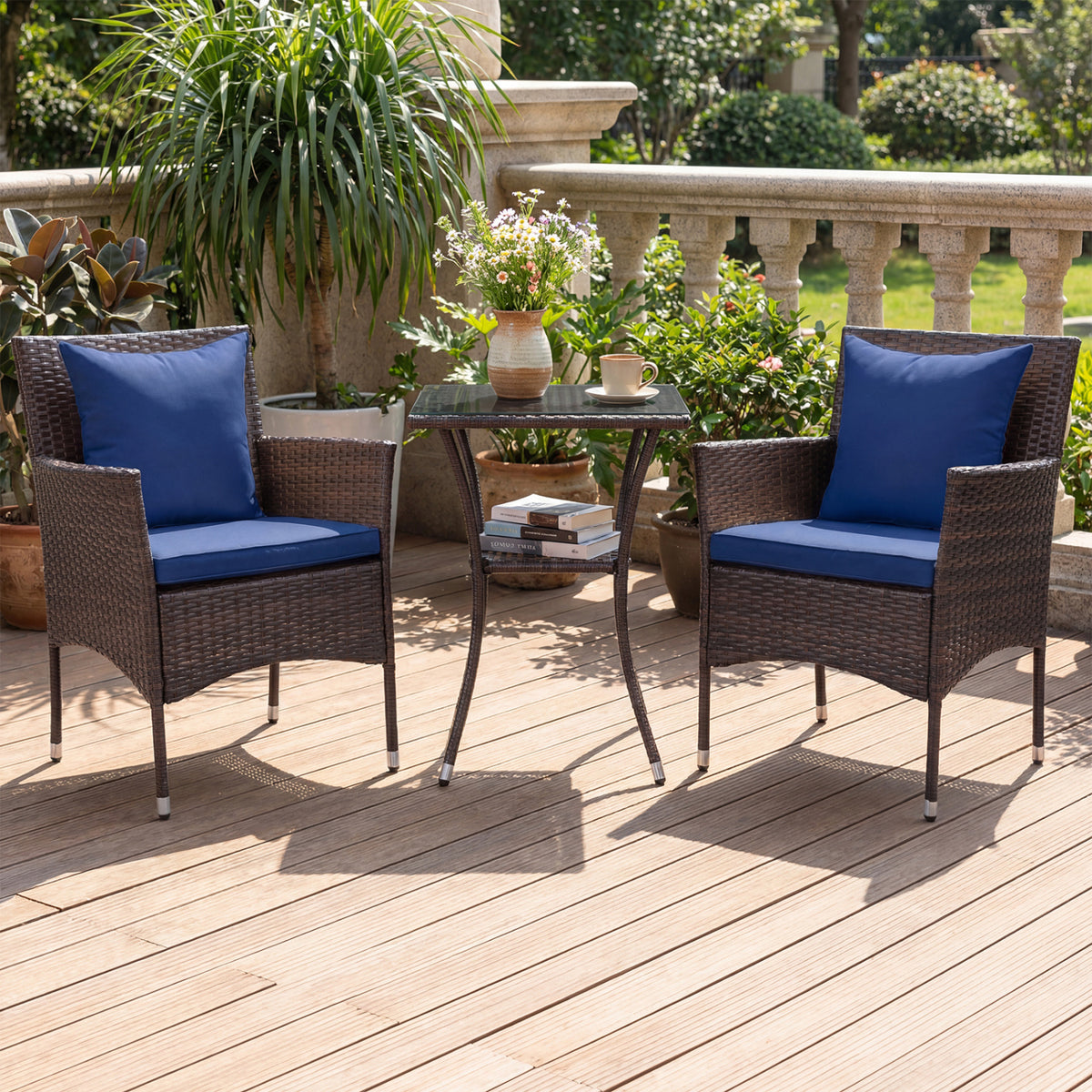3 Pieces Patio Furniture Set with Cushioned Patio Chairs and Tempered Glass Coffee Table