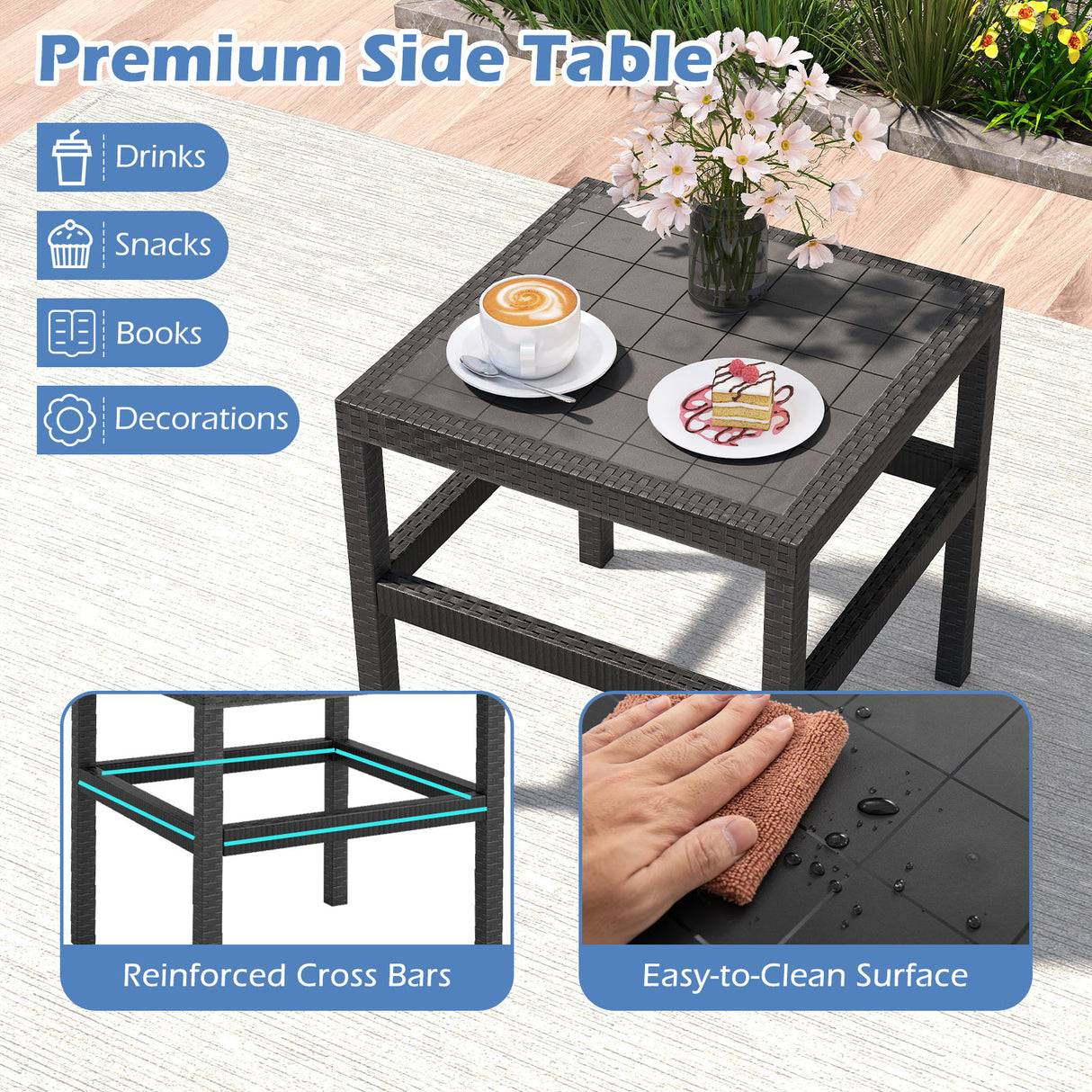 3 Piece Patio Furniture Set with 2 Modern Rattan Armchair and 25 Inch Squire Side Table-Black