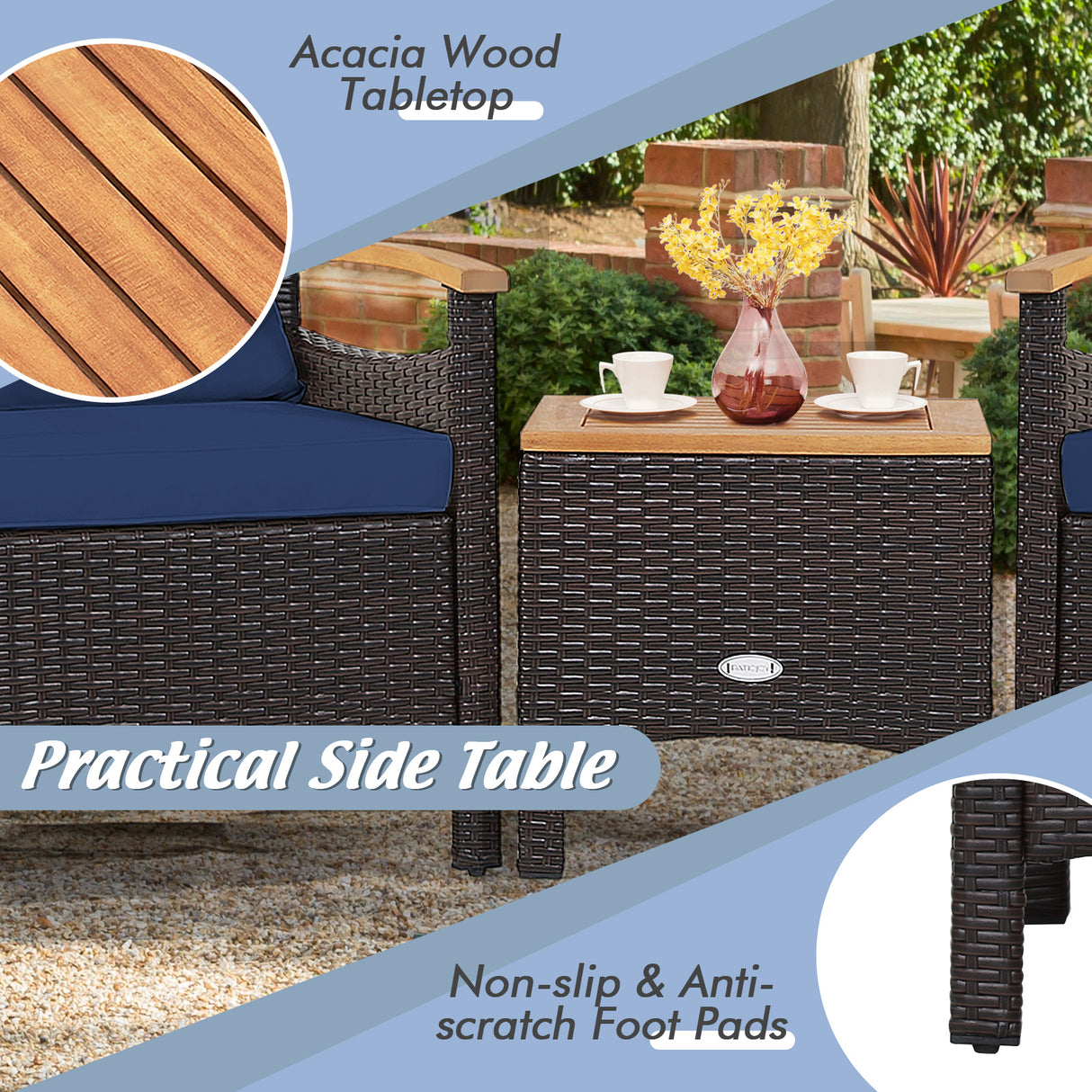 3 Pieces Patio Rattan Furniture Set with Removable Cushion