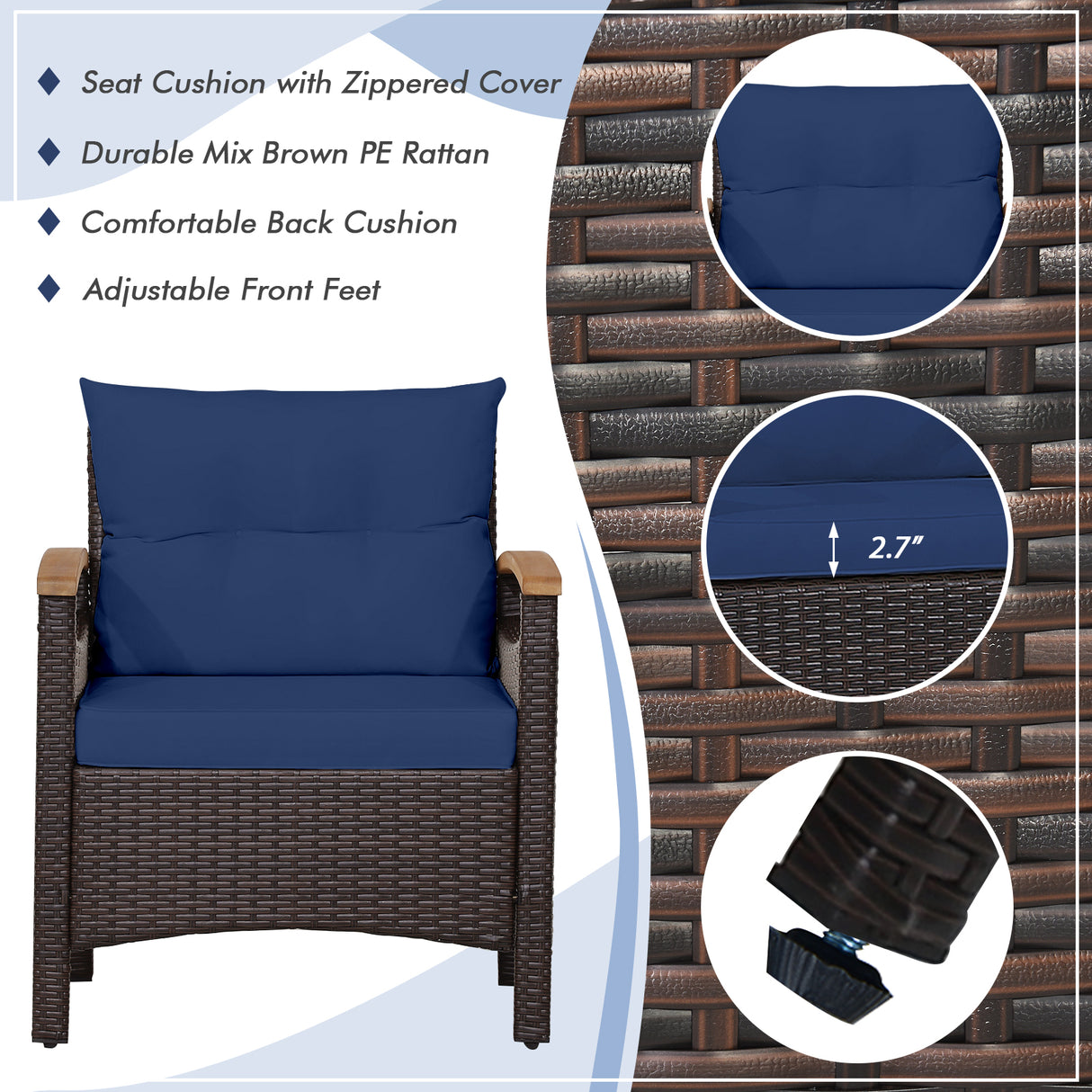 3 Pieces Patio Rattan Furniture Set with Removable Cushion