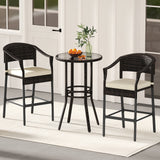 3-Piece Patio Rattan Bar Set with Tempered Glass Top for Backyard Poolside