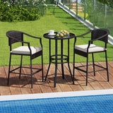 3-Piece Patio Rattan Bar Set with Tempered Glass Top for Backyard Poolside