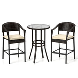 3-Piece Patio Rattan Bar Set with Tempered Glass Top for Backyard Poolside
