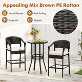 3-Piece Patio Rattan Bar Set with Tempered Glass Top for Backyard Poolside
