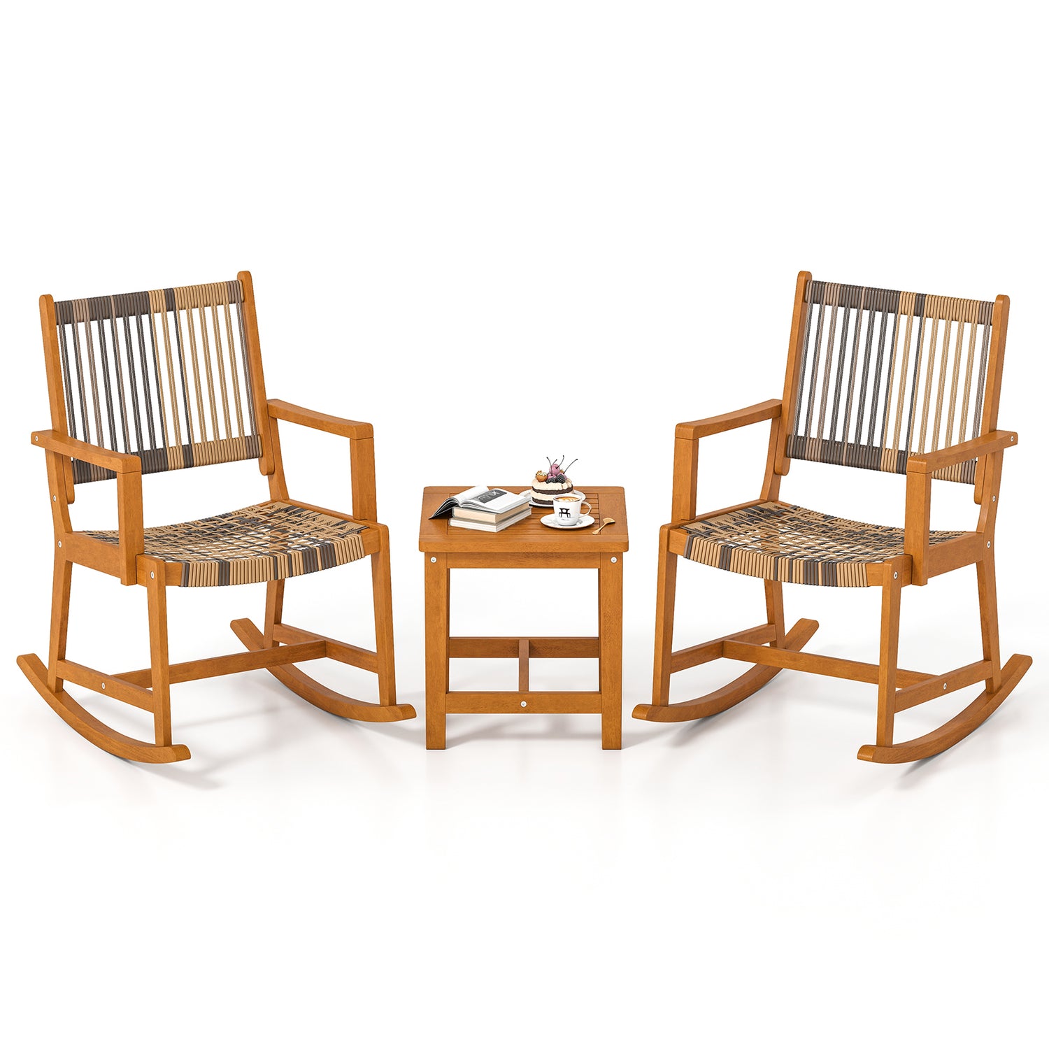 3 Piece Patio Rocking Set Acacia Wood Rocker Bistro Set with Rattan Seat and Back