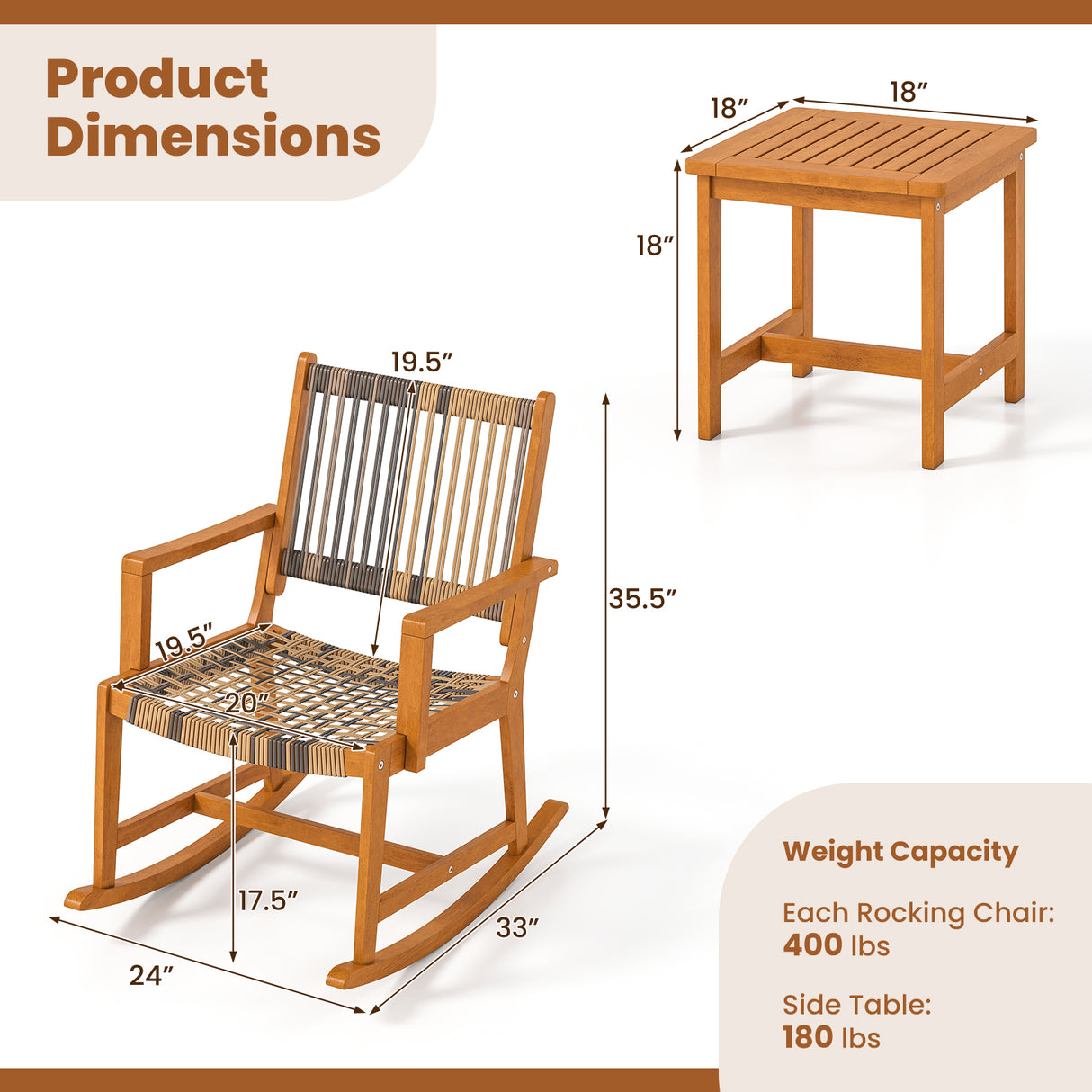 3 Piece Patio Rocking Set Acacia Wood Rocker Bistro Set with Rattan Seat and Back