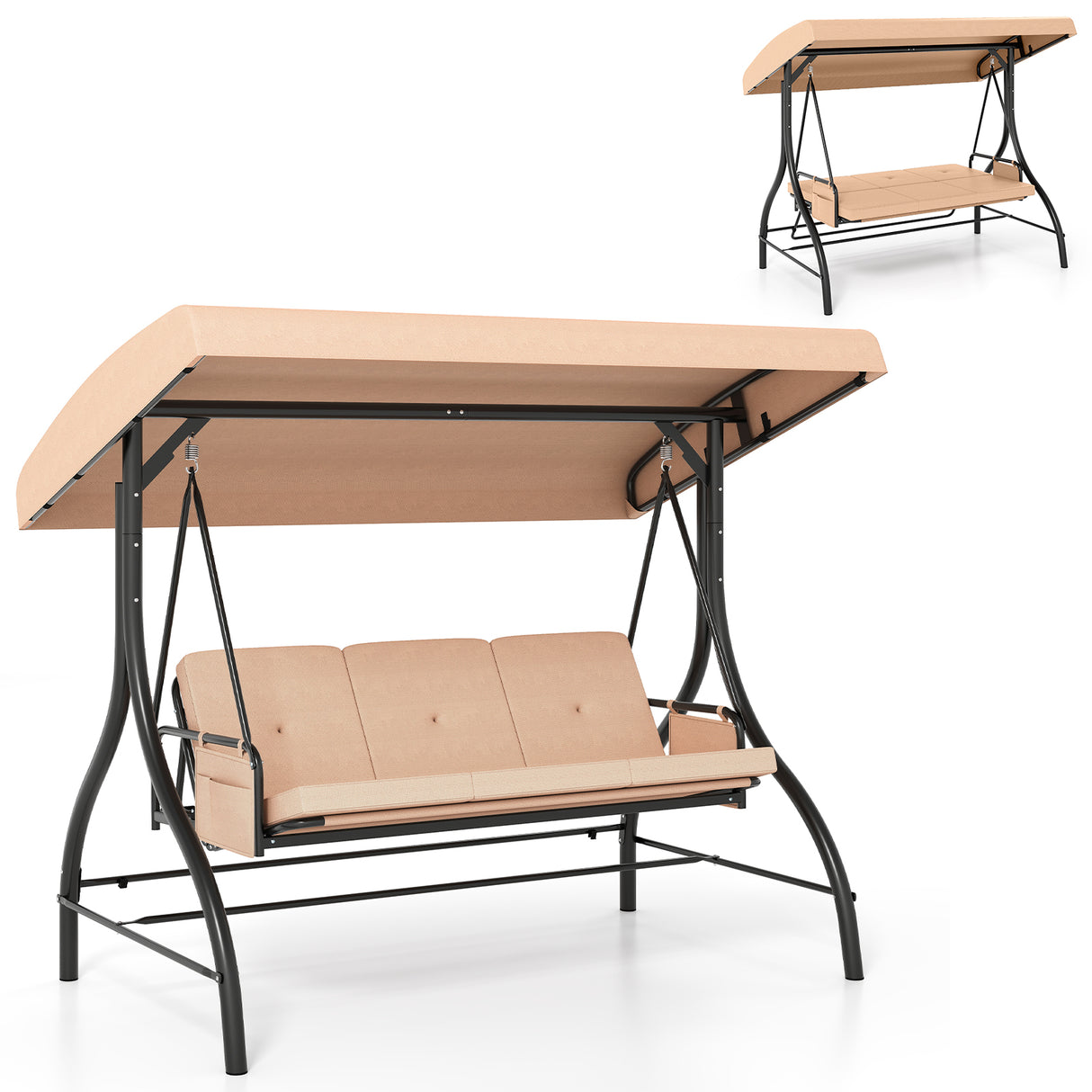 3-Piece Patio Swing with Canopy Removable Cushions and Side Pockets