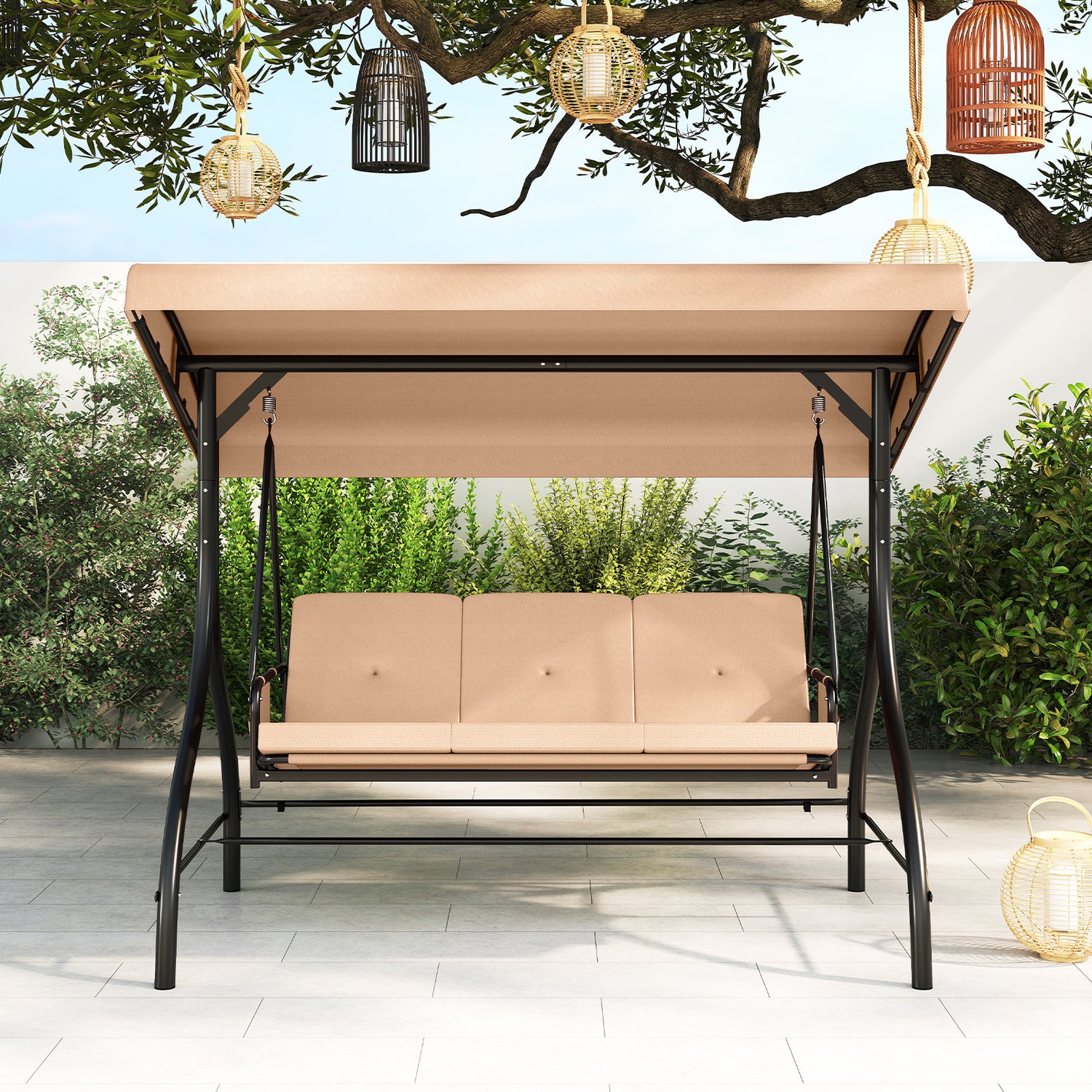 3-Piece Patio Swing with Canopy Removable Cushions and Side Pockets