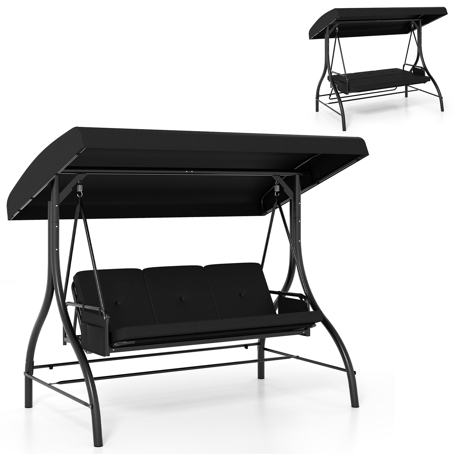 3-Piece Patio Swing with Canopy Removable Cushions and Side Pockets