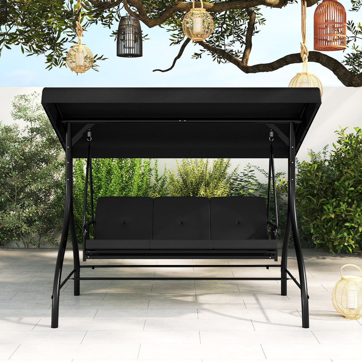 3-Piece Patio Swing with Canopy Removable Cushions and Side Pockets