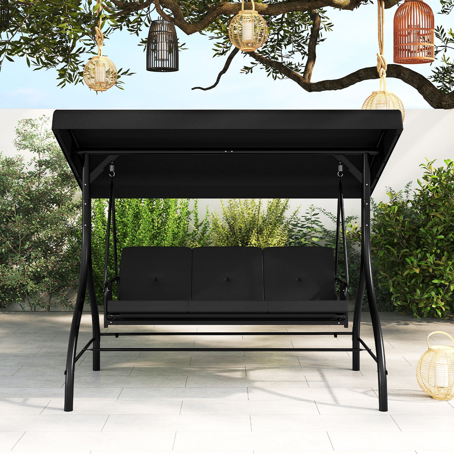 3-Piece Patio Swing with Canopy Removable Cushions and Side Pockets