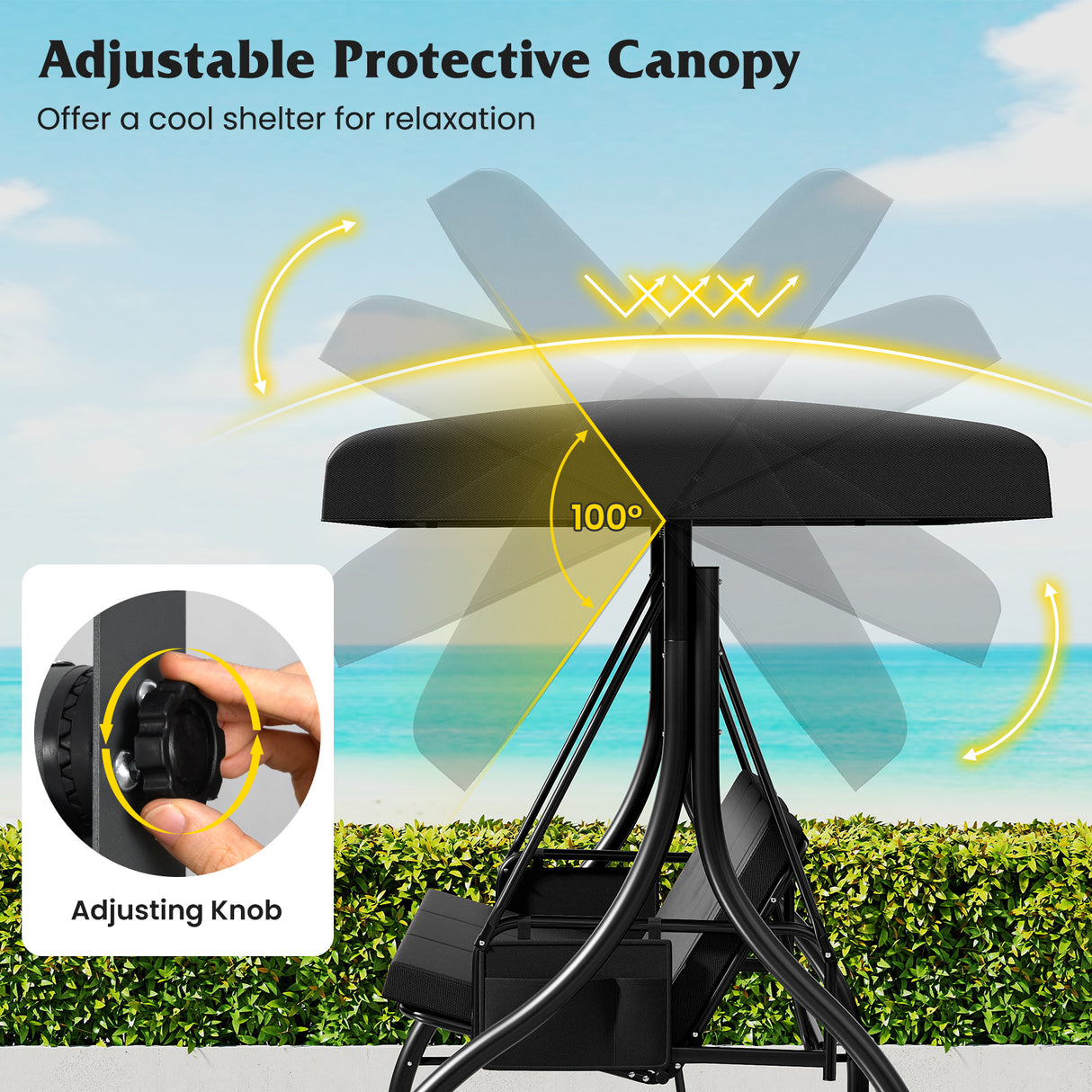 3-Piece Patio Swing with Canopy Removable Cushions and Side Pockets