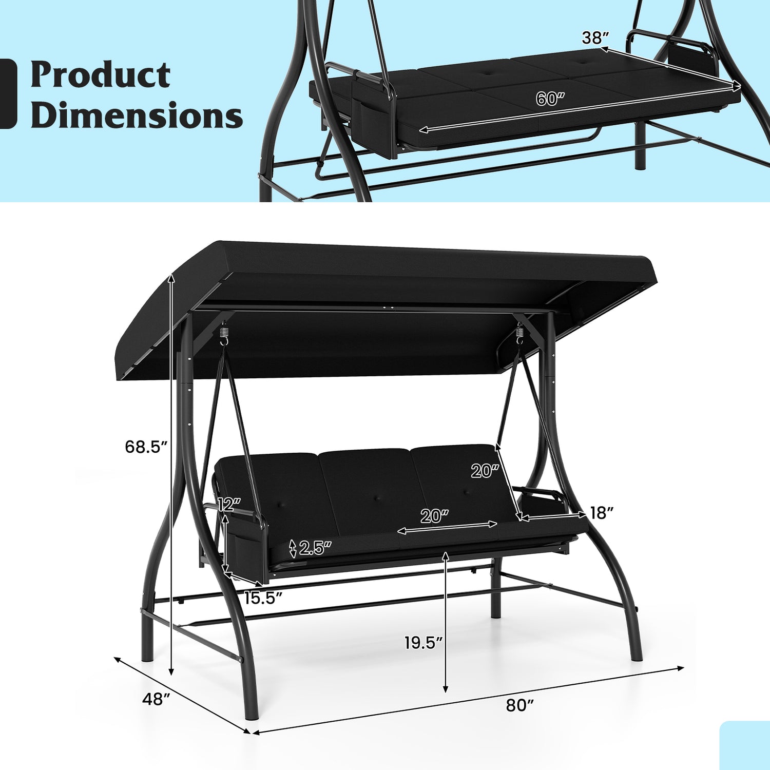 3-Piece Patio Swing with Canopy Removable Cushions and Side Pockets