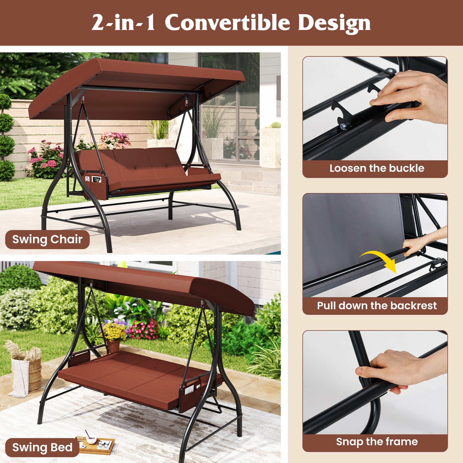 3-Piece Patio Swing with Canopy Removable Cushions and Side Pockets