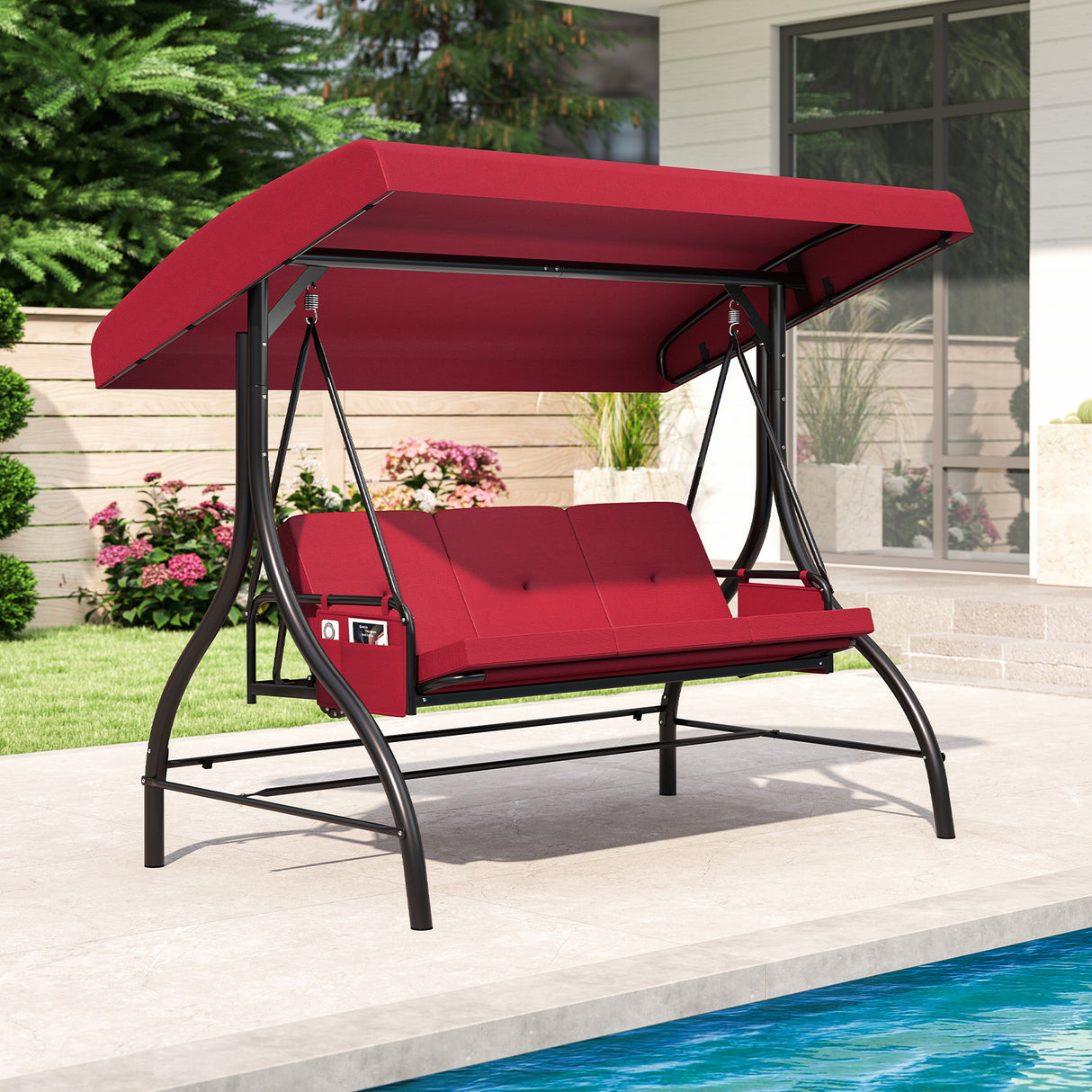 3-Piece Patio Swing with Canopy Removable Cushions and Side Pockets