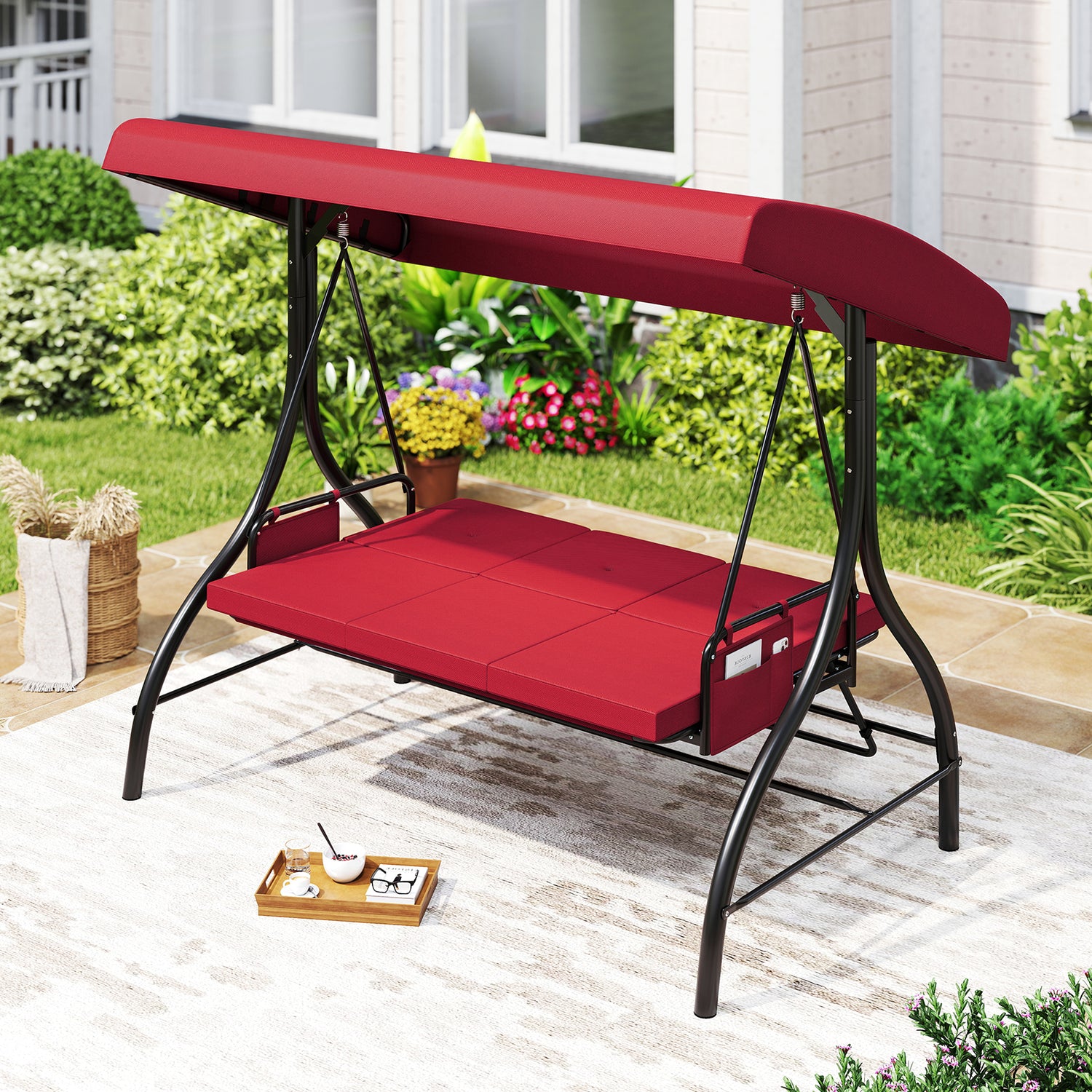3-Piece Patio Swing with Canopy Removable Cushions and Side Pockets