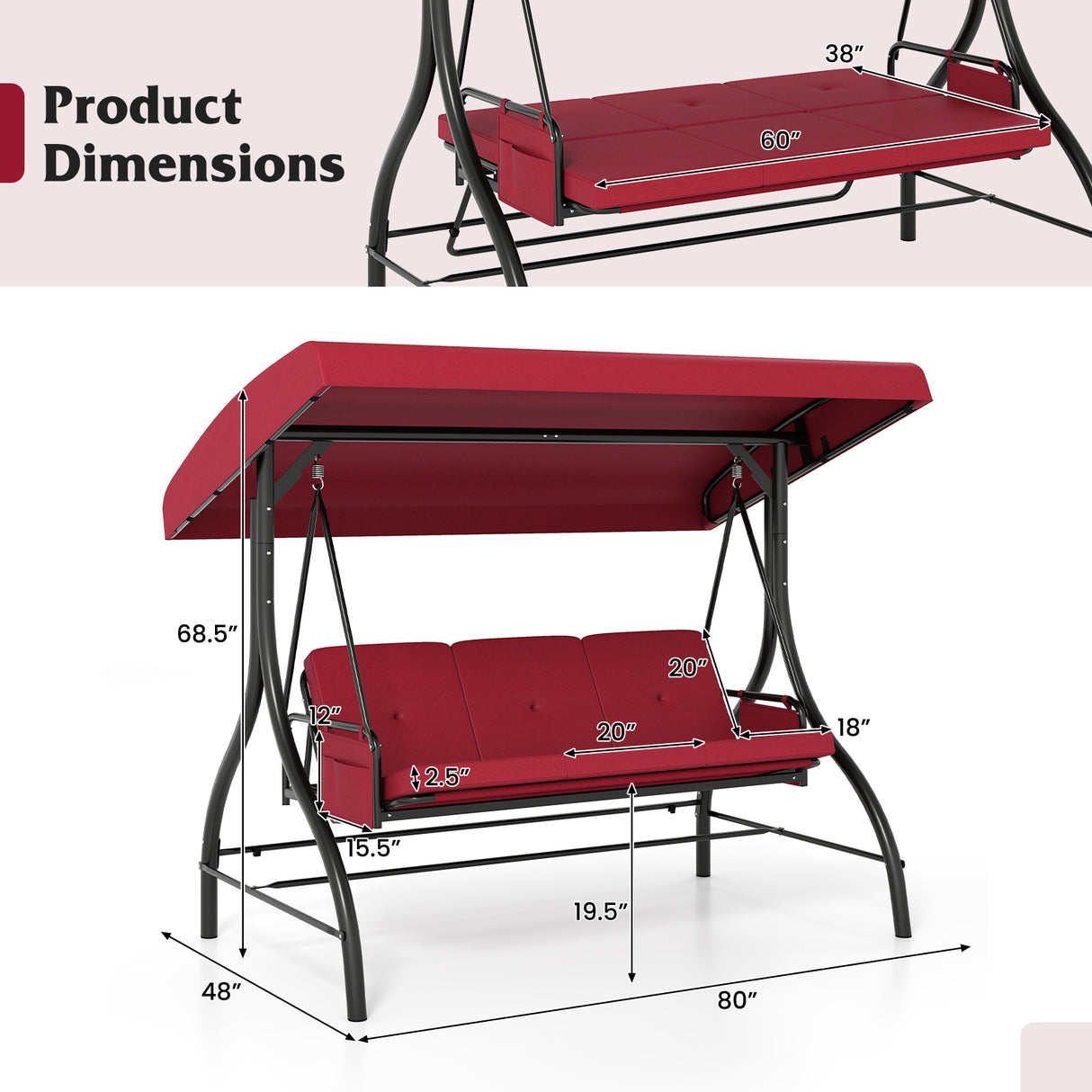 3-Piece Patio Swing with Canopy Removable Cushions and Side Pockets