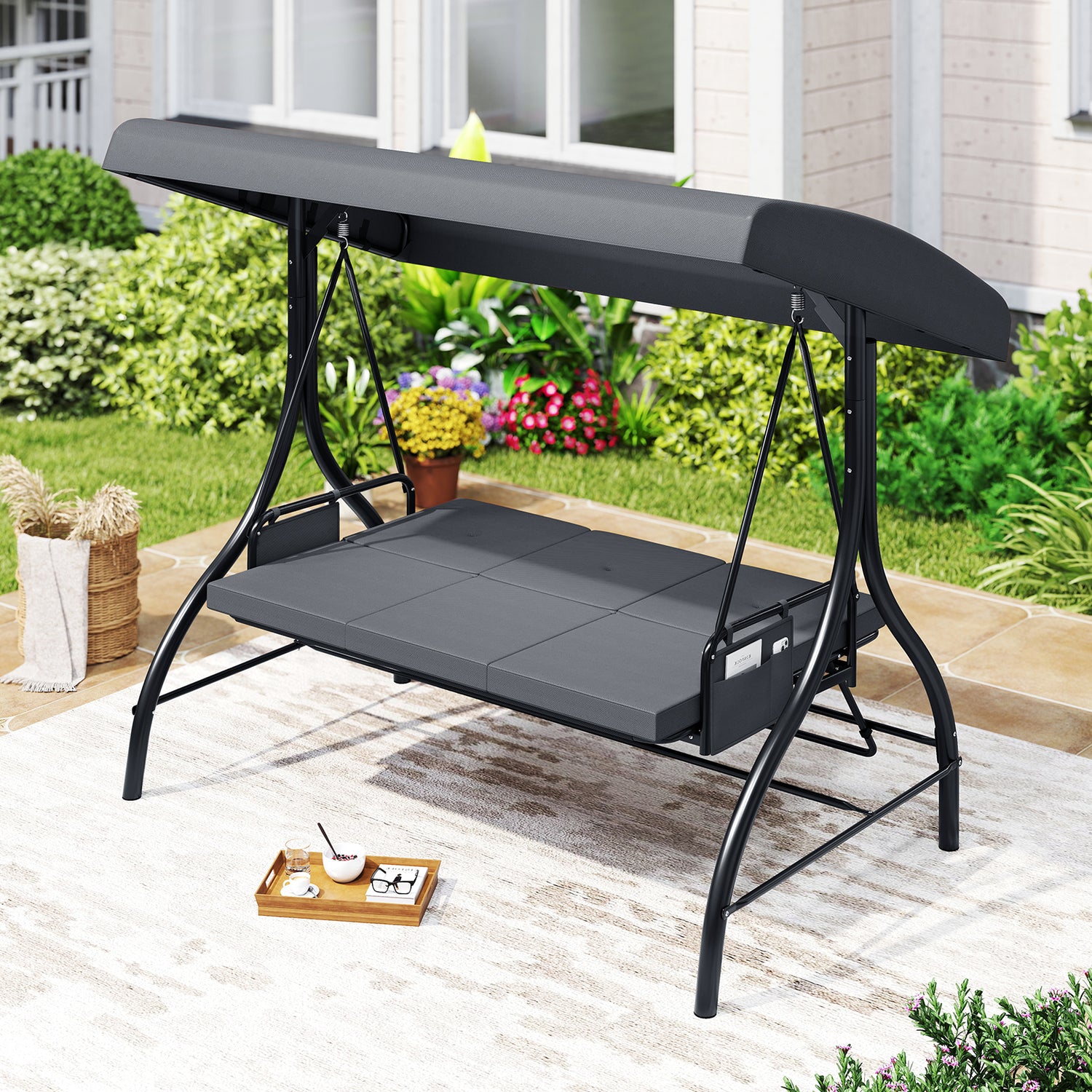 3-Piece Patio Swing with Canopy Removable Cushions and Side Pockets