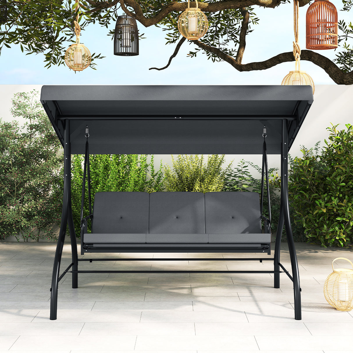 3-Piece Patio Swing with Canopy Removable Cushions and Side Pockets