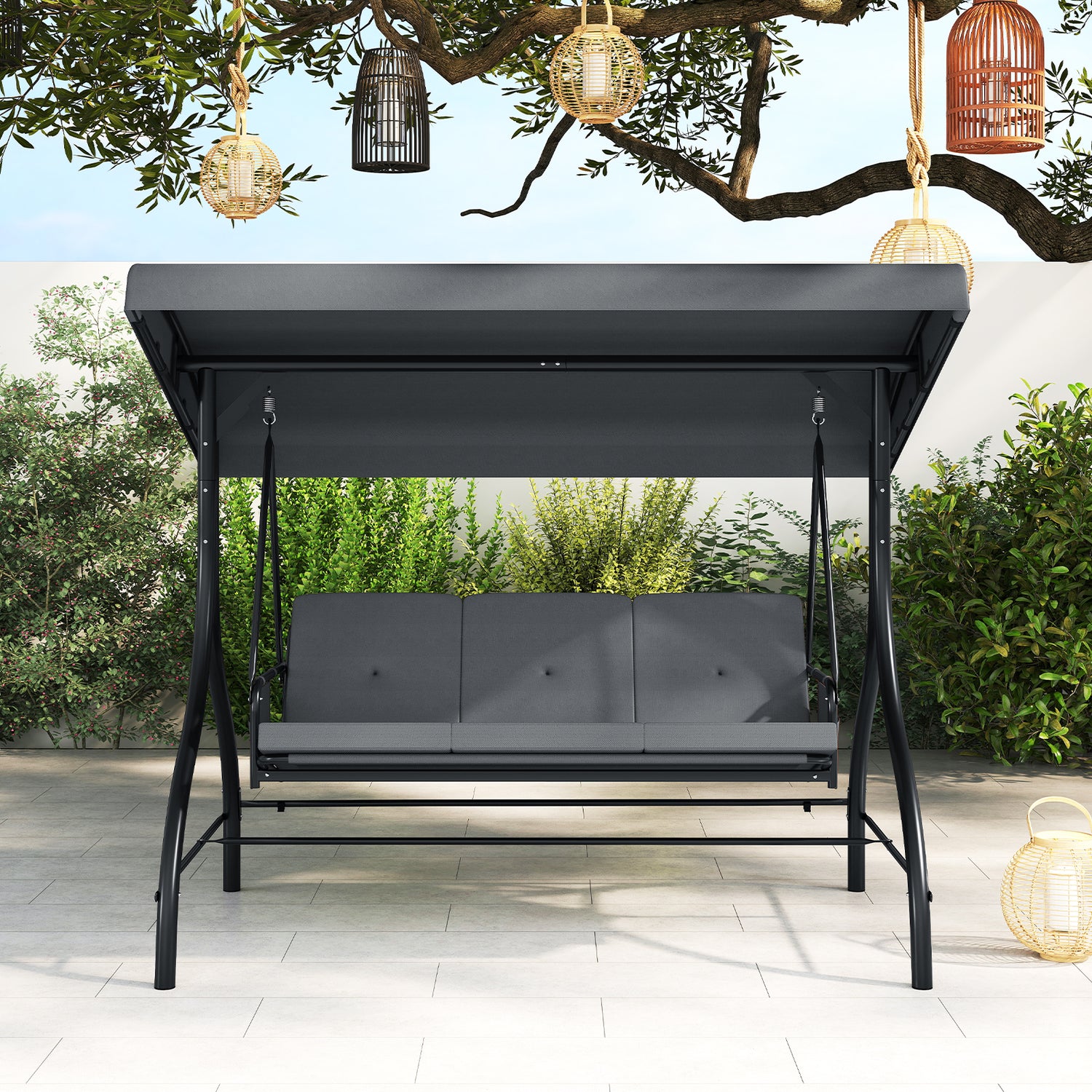 3-Piece Patio Swing with Canopy Removable Cushions and Side Pockets