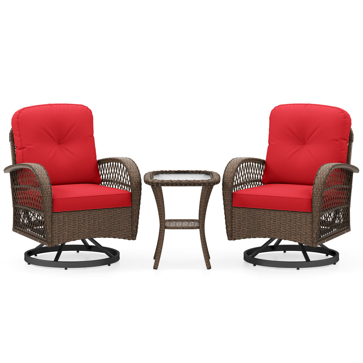 3 Piece Patio Swivel Rocker Set with Tempered Glass Side Table and Thick Cushions