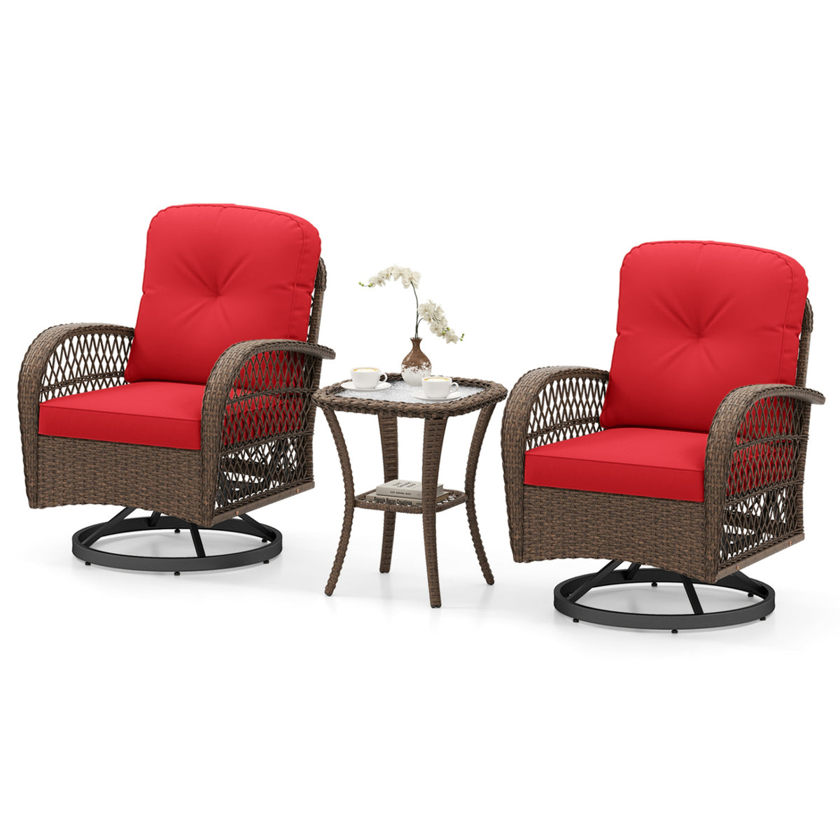 3 Piece Patio Swivel Rocker Set with Tempered Glass Side Table and Thick Cushions
