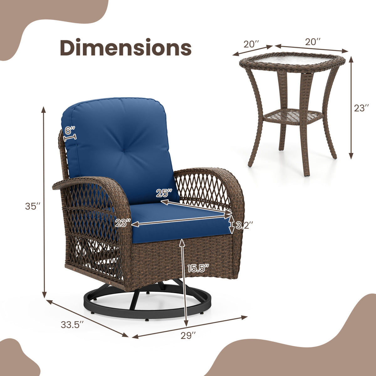 3 Piece Patio Swivel Rocker Set with Tempered Glass Side Table and Thick Cushions