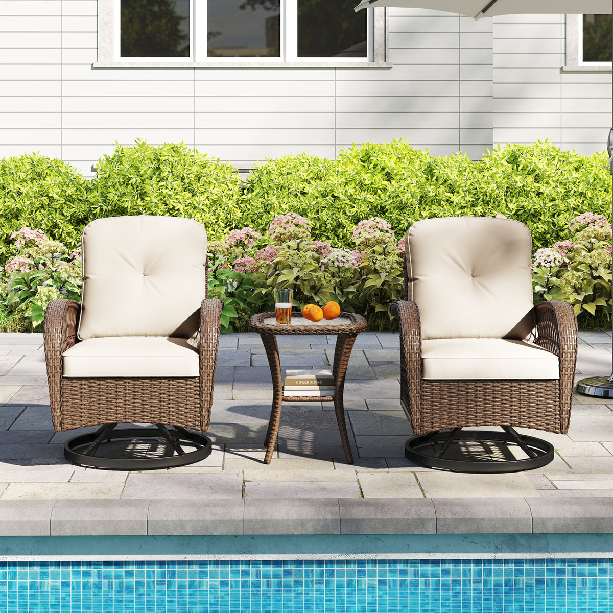 3 Piece Patio Swivel Rocker Set with Tempered Glass Side Table and Thick Cushions
