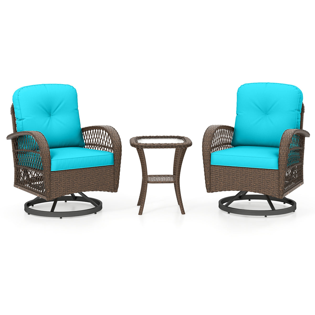3 Piece Patio Swivel Rocker Set with Tempered Glass Side Table and Thick Cushions