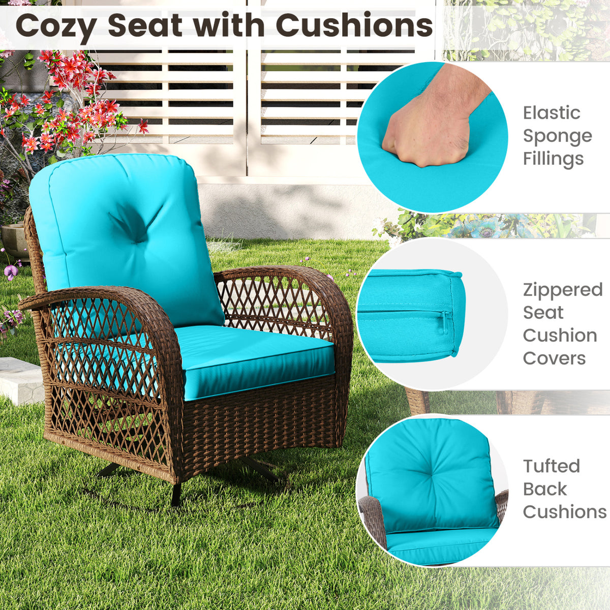 3 Piece Patio Swivel Rocker Set with Tempered Glass Side Table and Thick Cushions