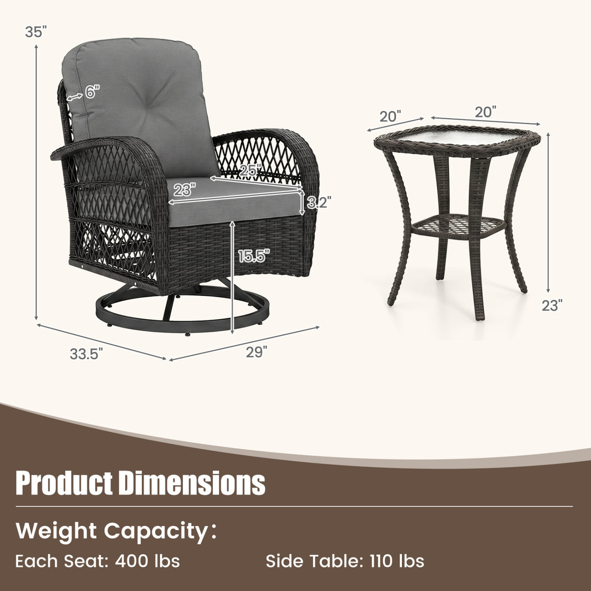3 Piece Patio Swivel Rocker Set with Tempered Glass Side Table and Thick Cushions