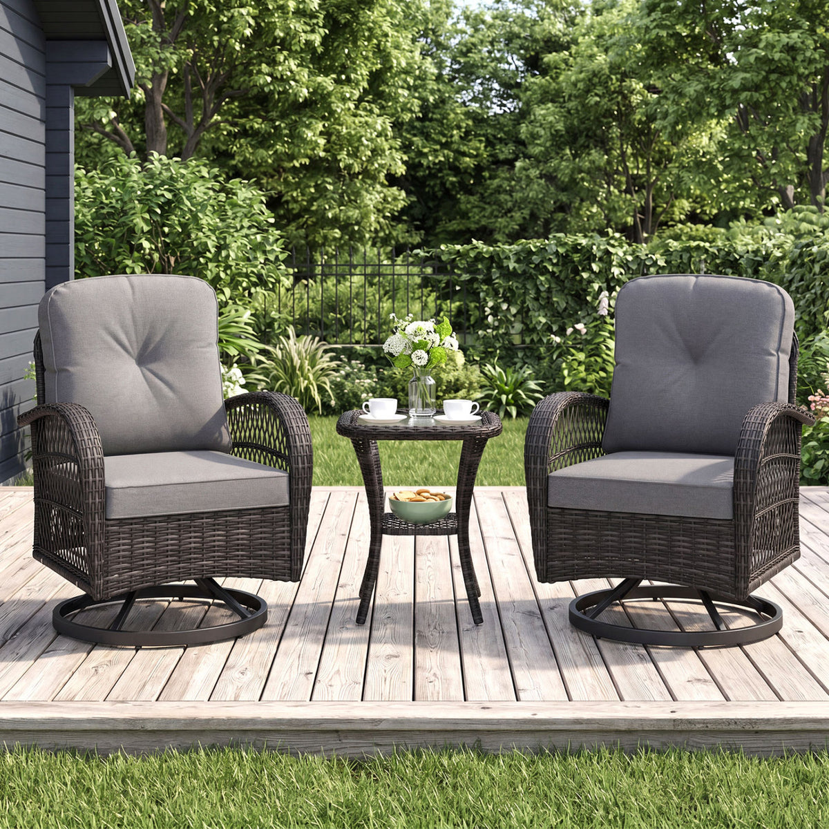 3 Piece Patio Swivel Rocker Set with Tempered Glass Side Table and Thick Cushions
