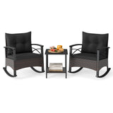 3 Piece Rocking Bistro Set PE Rattan Rocker Chairs with Acacia Wood Top Table