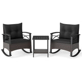 3 Piece Rocking Bistro Set PE Rattan Rocker Chairs with Acacia Wood Top Table