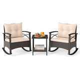 3 Piece Rocking Bistro Set PE Rattan Rocker Chairs with Acacia Wood Top Table