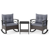 3 Piece Rocking Bistro Set PE Rattan Rocker Chairs with Acacia Wood Top Table