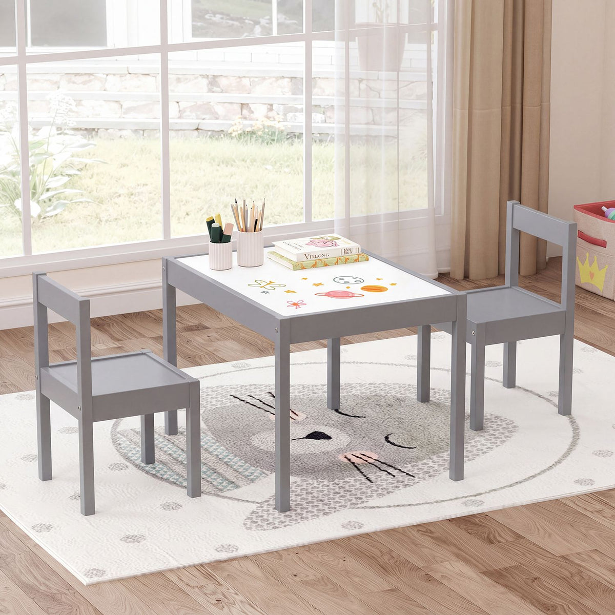 3-Piece Toddler Activity Table Set with Solid Rubber Wood Frame