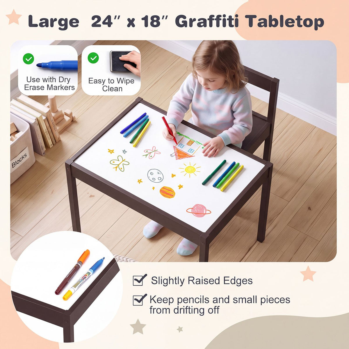 3-Piece Toddler Activity Table Set with Solid Rubber Wood Frame