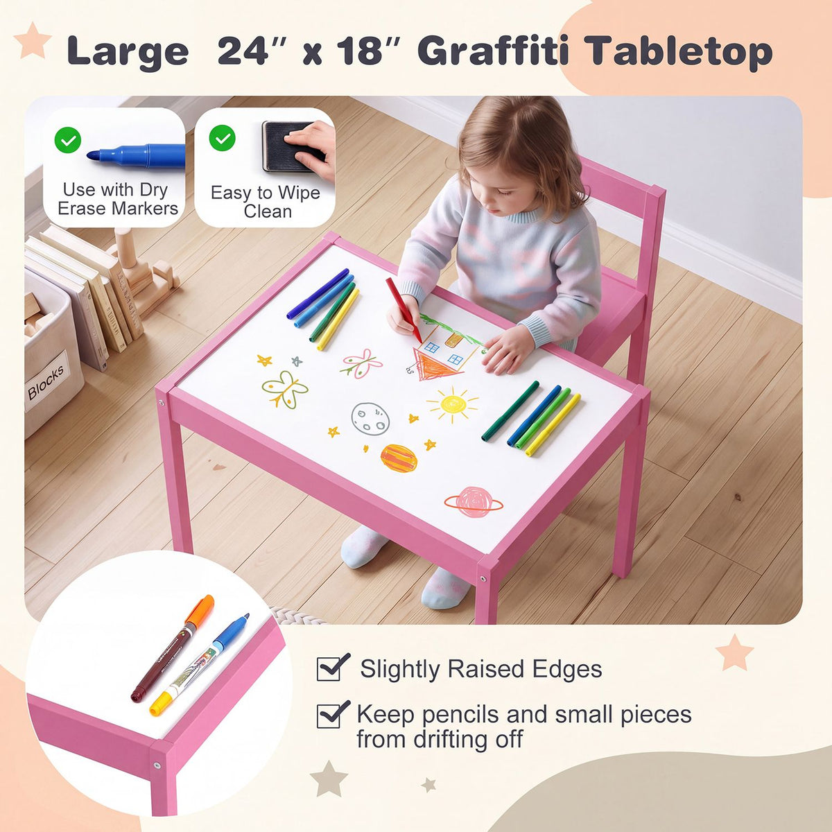 3-Piece Toddler Activity Table Set with Solid Rubber Wood Frame