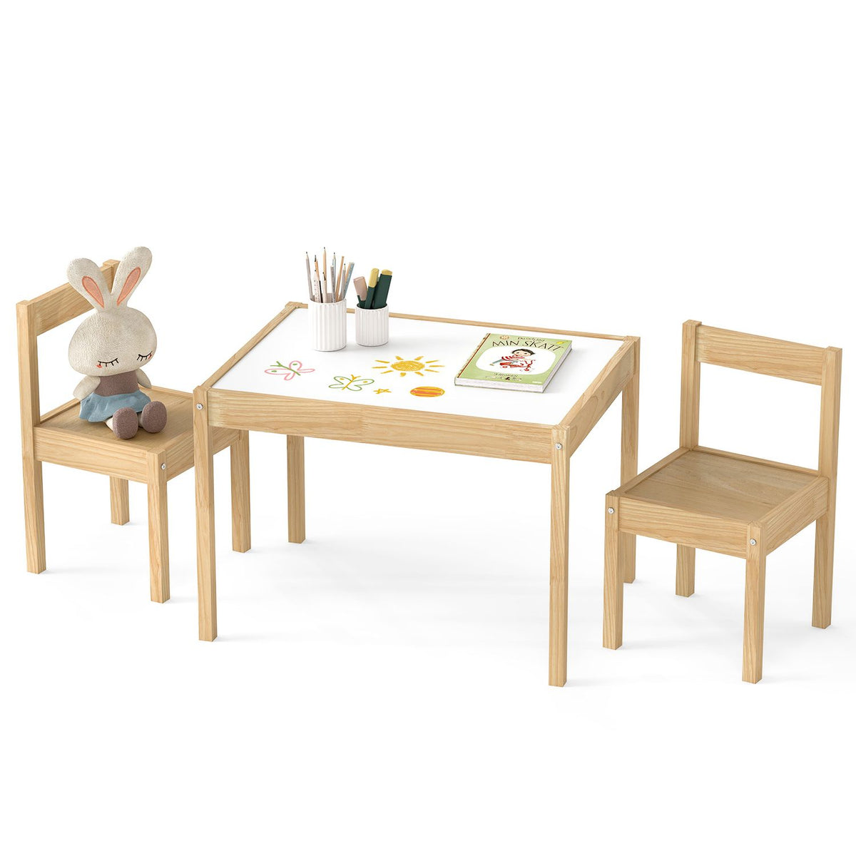 3-Piece Toddler Activity Table Set with Solid Rubber Wood Frame