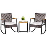 3-Piece Wicker Rocking Chair Set with Coffee Table and Cushions for Porch-Beige