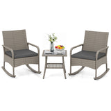 3-Piece Wicker Rocking Bistro Set with Cushions for Garden Backyard Porch-Gray