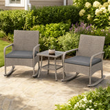 3-Piece Wicker Rocking Bistro Set with Cushions for Garden Backyard Porch-Gray