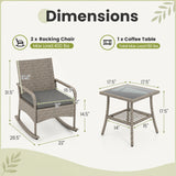 3-Piece Wicker Rocking Bistro Set with Cushions for Garden Backyard Porch-Gray